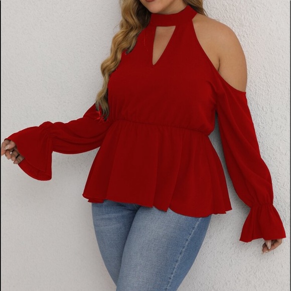 Boho Plus Size Off Shoulder Halter Neck Cut Out Flounce Peplum Top Blouse RED - Picture 6 of 16